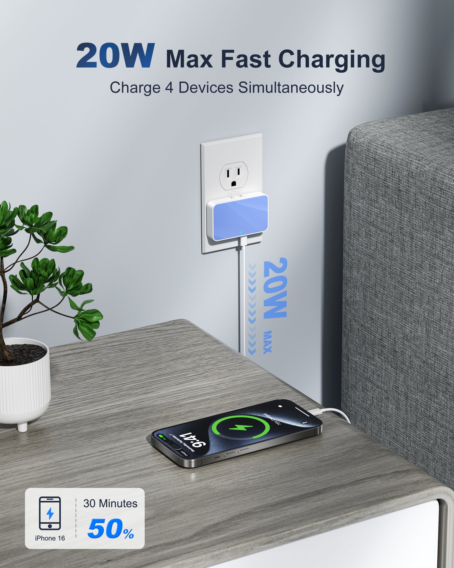 Flat USB Wall Charger, 4 USB-A Ports, Foldable Plug for Home & Travel