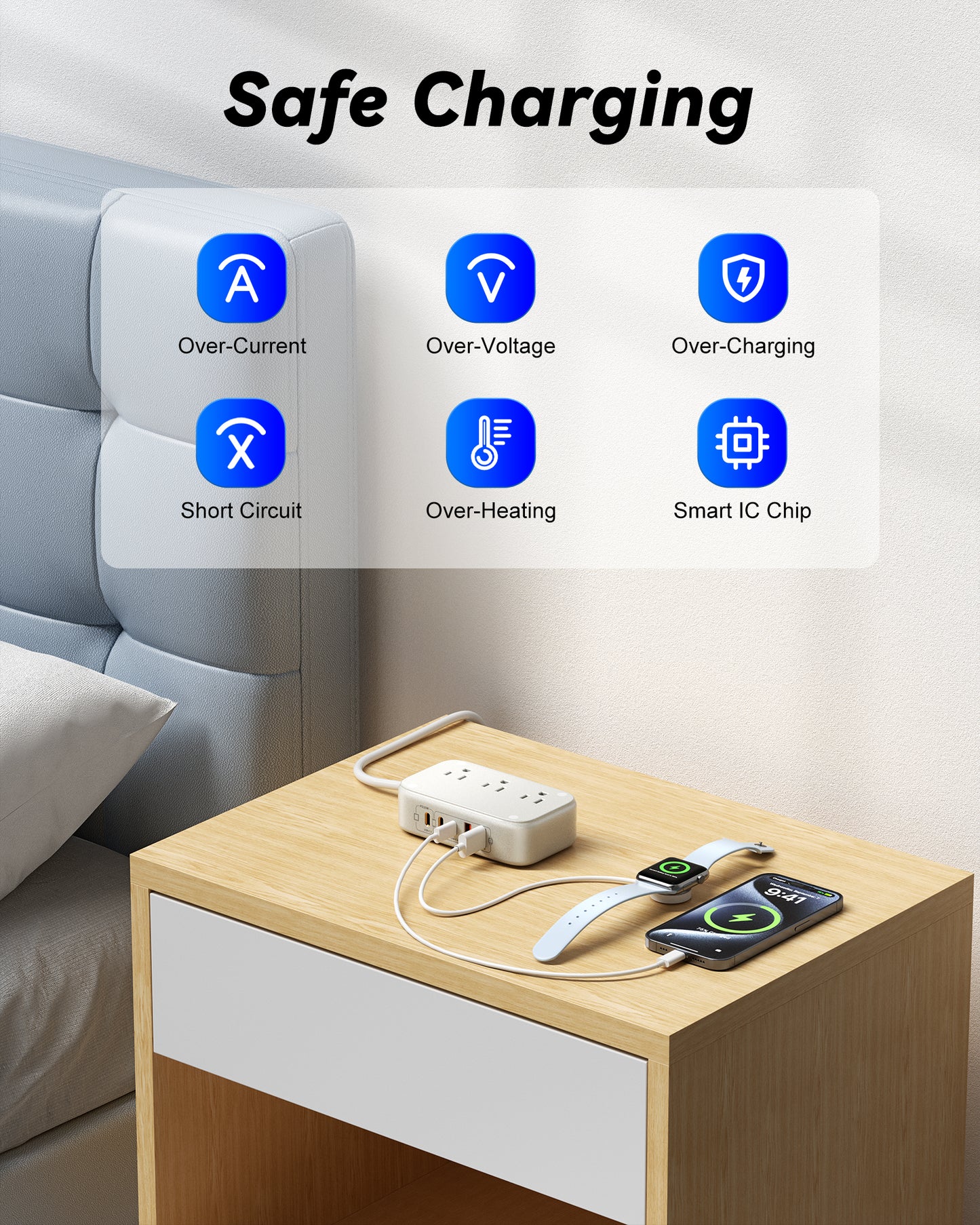 4 Outlet Power Strip with 3 USB-C and 6 USB-A Ports 1.5m Cable ABS Safety Design for Home