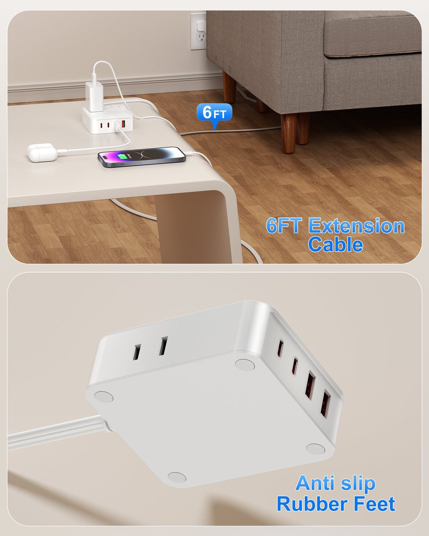 Flat Plug Power Strip with USB Ports-4 AC&4 USB Ports, Extension Cord