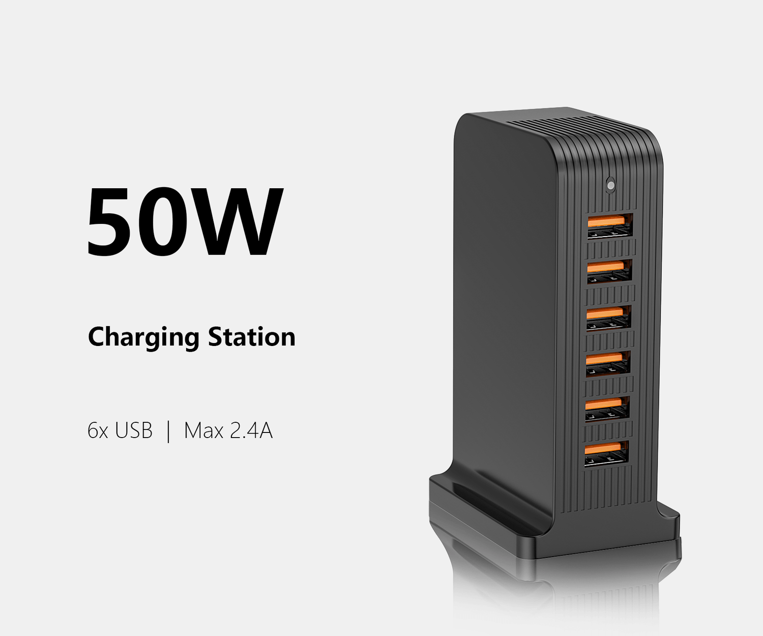 VPSUN 50W 6-Port USB Charging Station in black, featuring 6 USB ports with a maximum output of 2.4A per port.