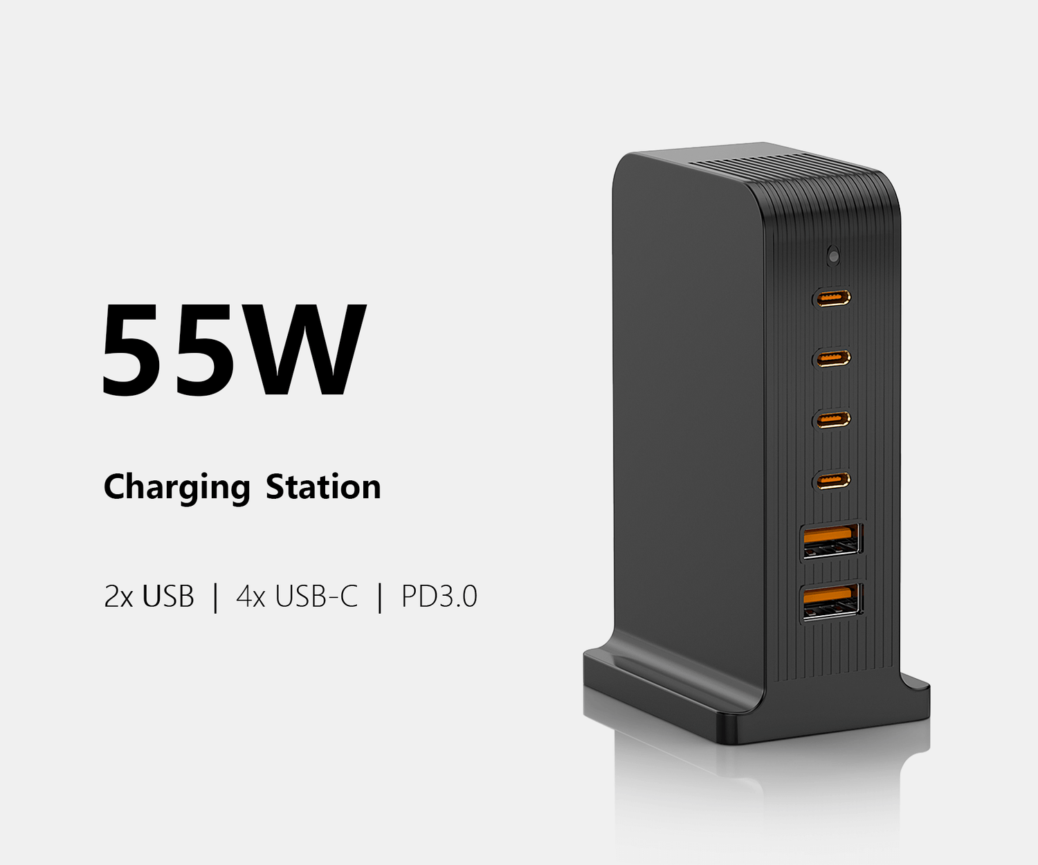 VPSUN 55W USB-C Charging Station in black, featuring 2 USB ports, 4 USB-C ports, and PD3.0 technology for fast charging.