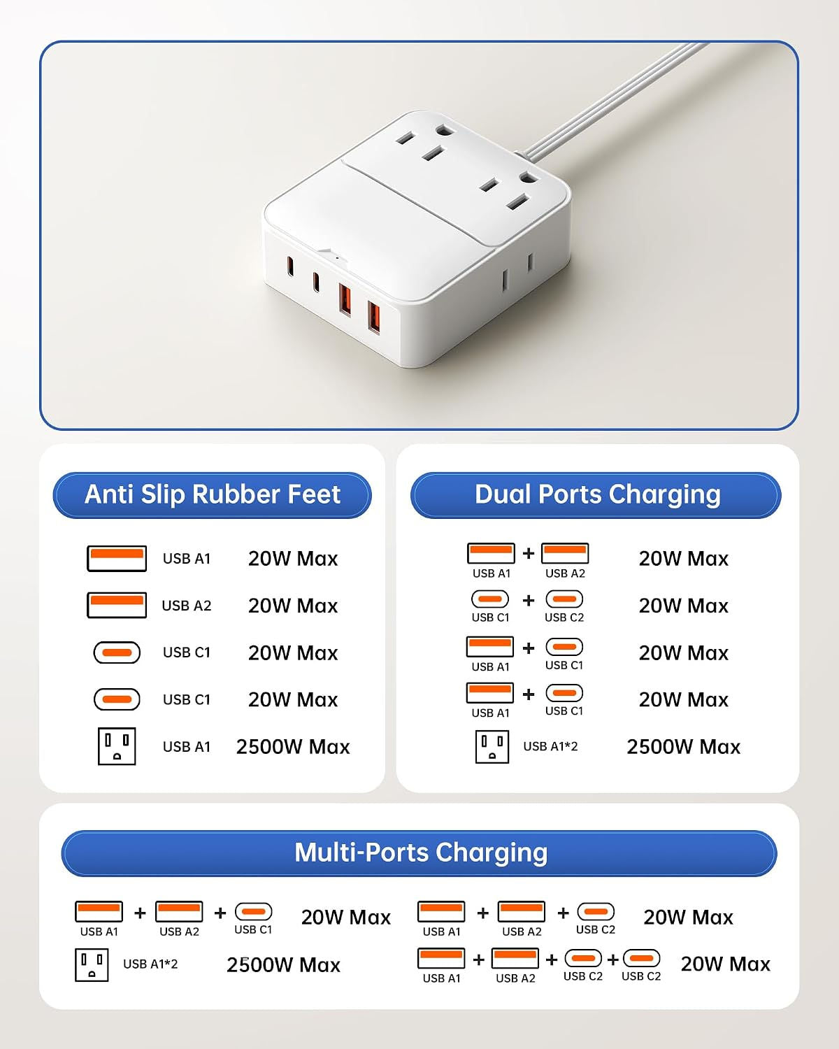 Split Extension Cord 12FT(6FT Per Side) - Single 4 AC & 4 USB Ports