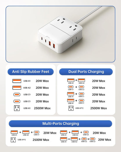Split Extension Cord 12FT(6FT Per Side) - Single 4 AC & 4 USB Ports