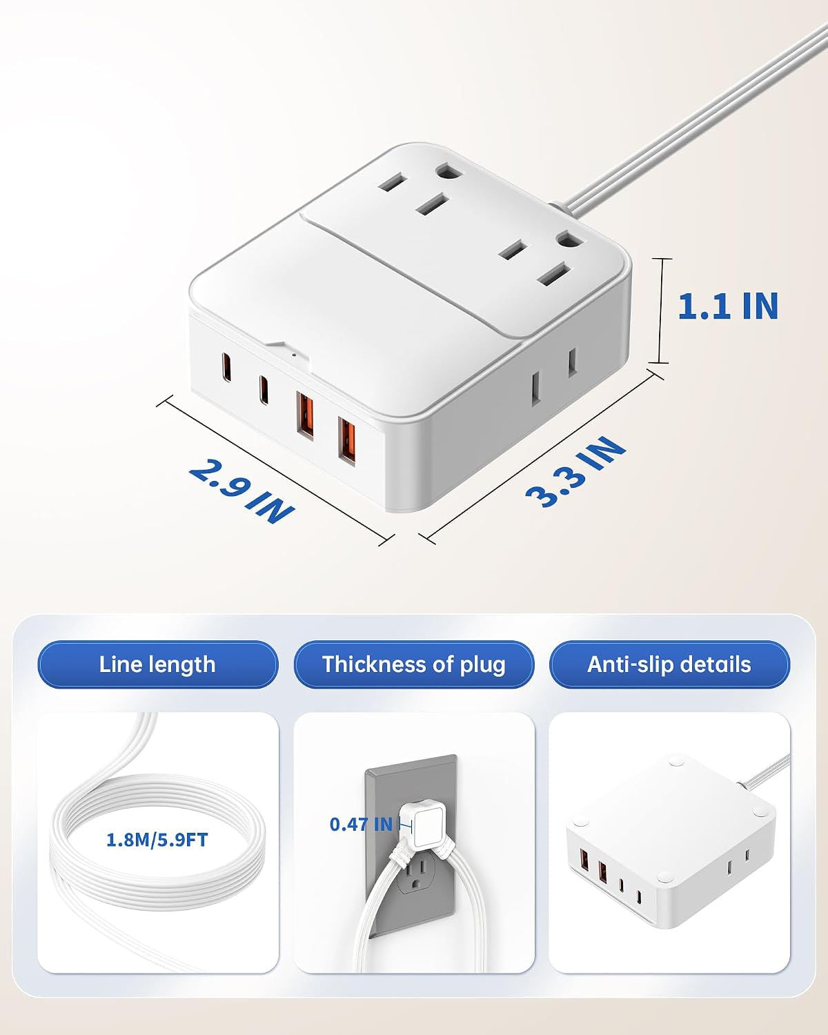 Split Extension Cord 12FT(6FT Per Side) - Single 4 AC & 4 USB Ports