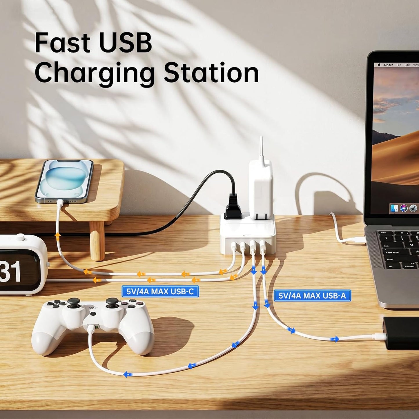 Split Extension Cord 12FT(6FT Per Side) - Single 4 AC & 4 USB Ports
