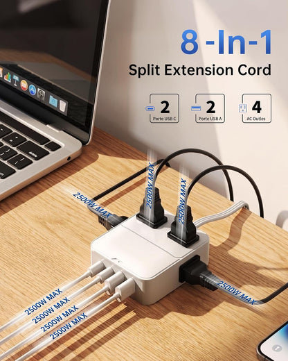 Split Extension Cord 12FT(6FT Per Side) - Single 4 AC & 4 USB Ports