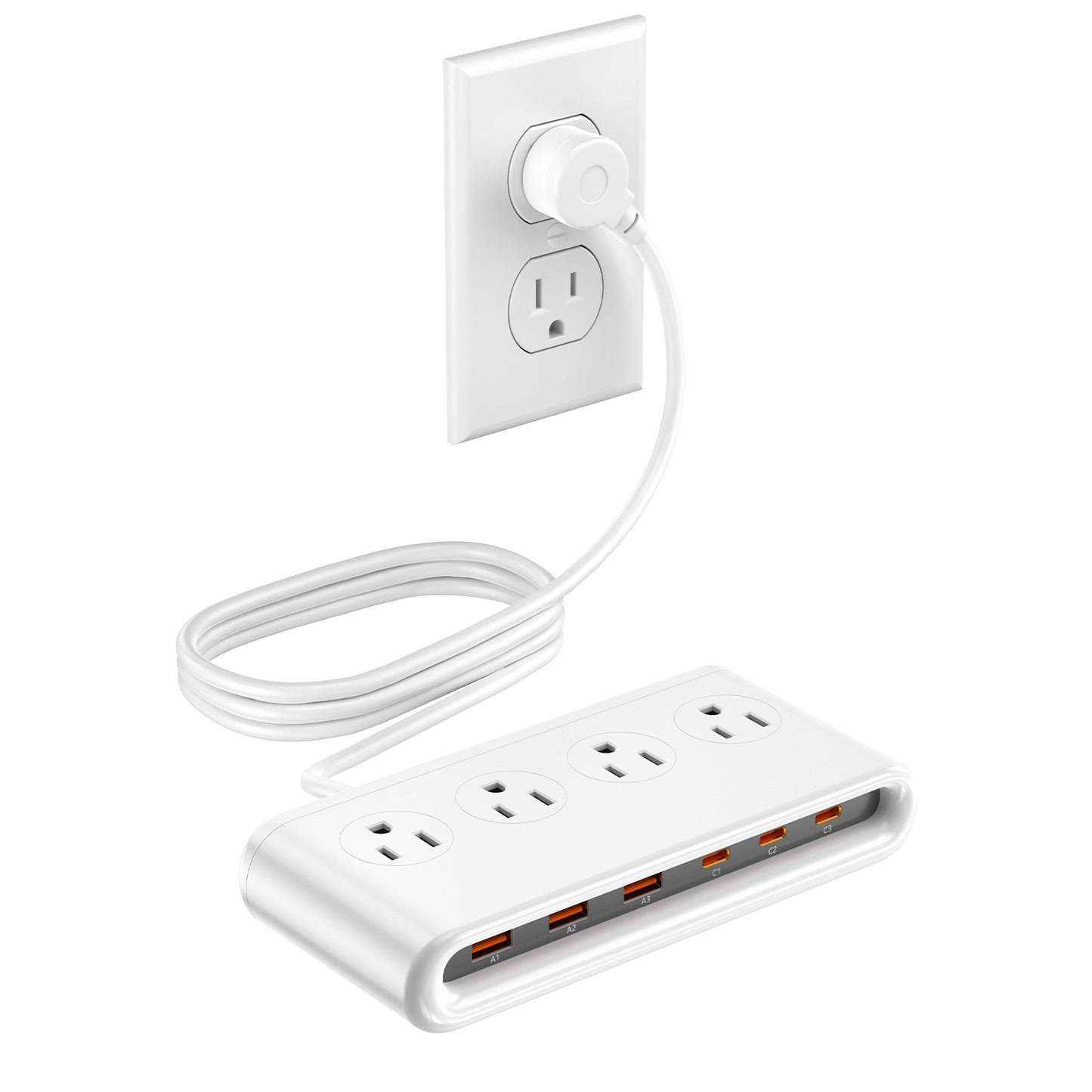 Power Strip with USB C 35W,10-in-1 Flat Plug Wall Charger - 5FT Extension Cord with 4AC, 3 USB A & 3 USB C - PD20W Charging Station for Multiple Devices - Travel Home Office