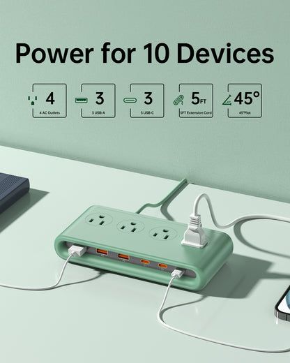 VPSUN Power Strip with USB C PD35W Charging 10-in-1 Flat Plug
