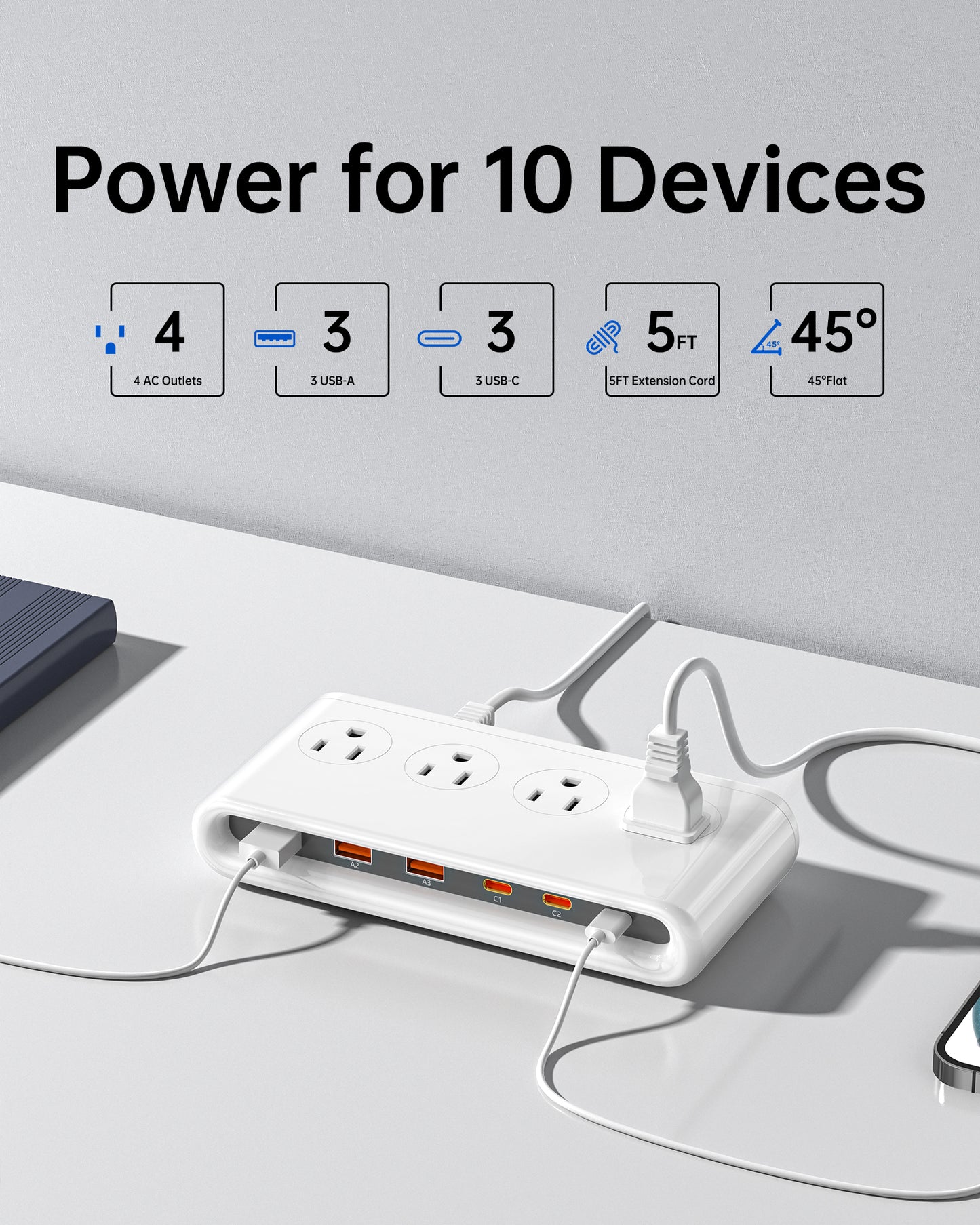 Power Strip with USB C 35W,10-in-1 Flat Plug Wall Charger - 5FT Extension Cord with 4AC, 3 USB A & 3 USB C - PD20W Charging Station for Multiple Devices - Travel Home Office