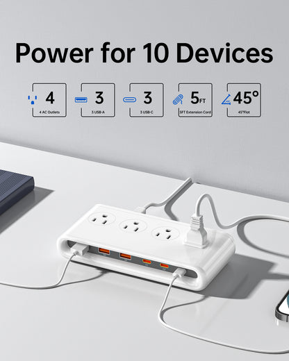 Power Strip with USB C 35W,10-in-1 Flat Plug Wall Charger - 5FT Extension Cord with 4AC, 3 USB A & 3 USB C - PD20W Charging Station for Multiple Devices - Travel Home Office