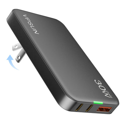 VPSUN Flat USB Wall Charger Block 30W - 3 Port PD20W Foldable USB Charging Charger