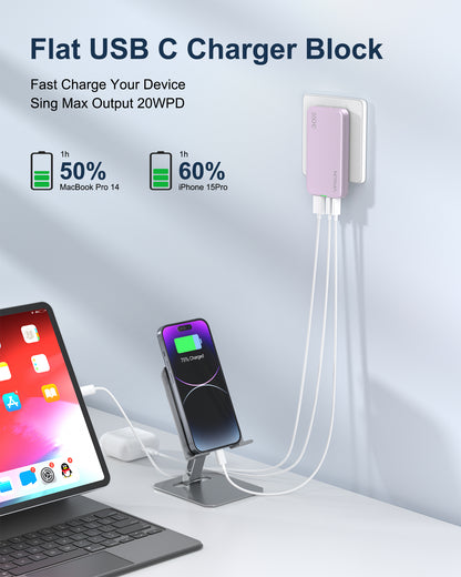 VPSUN Flat USB Wall Charger Block 30W - 3 Port PD20W Foldable USB Charging Charger