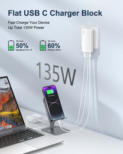 VPSUN 65W GaN Flat USB Wall Charger Block - 3 Port Foldable USB Charging Charger