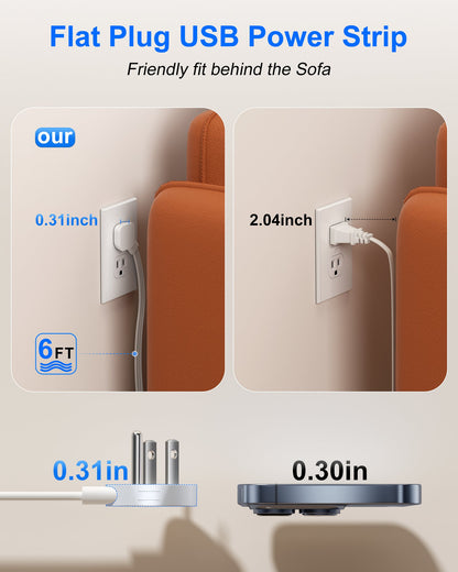 Flat Plug Power Strip with USB Ports-4 AC&4 USB Ports, Extension Cord