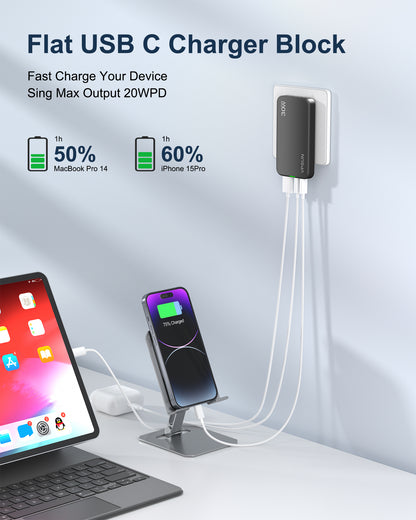 VPSUN Flat USB Wall Charger Block 30W - 3 Port PD20W Foldable USB Charging Charger