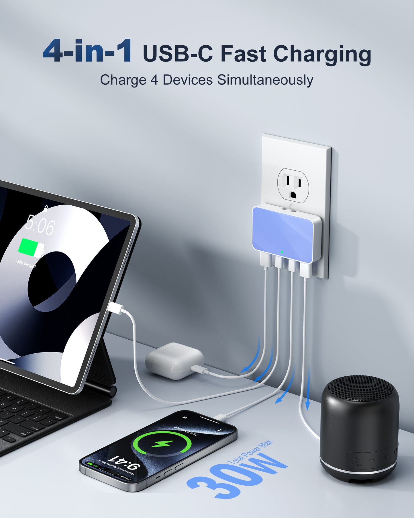 Flat USB Wall Charger, 4 USB-A Ports, Foldable Plug for Home & Travel