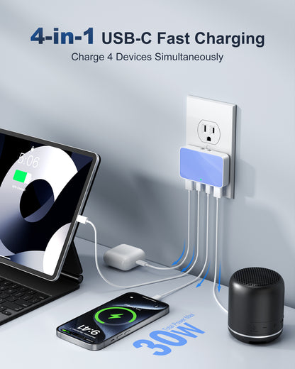 Flat USB Wall Charger, 4 USB-A Ports, Foldable Plug for Home & Travel