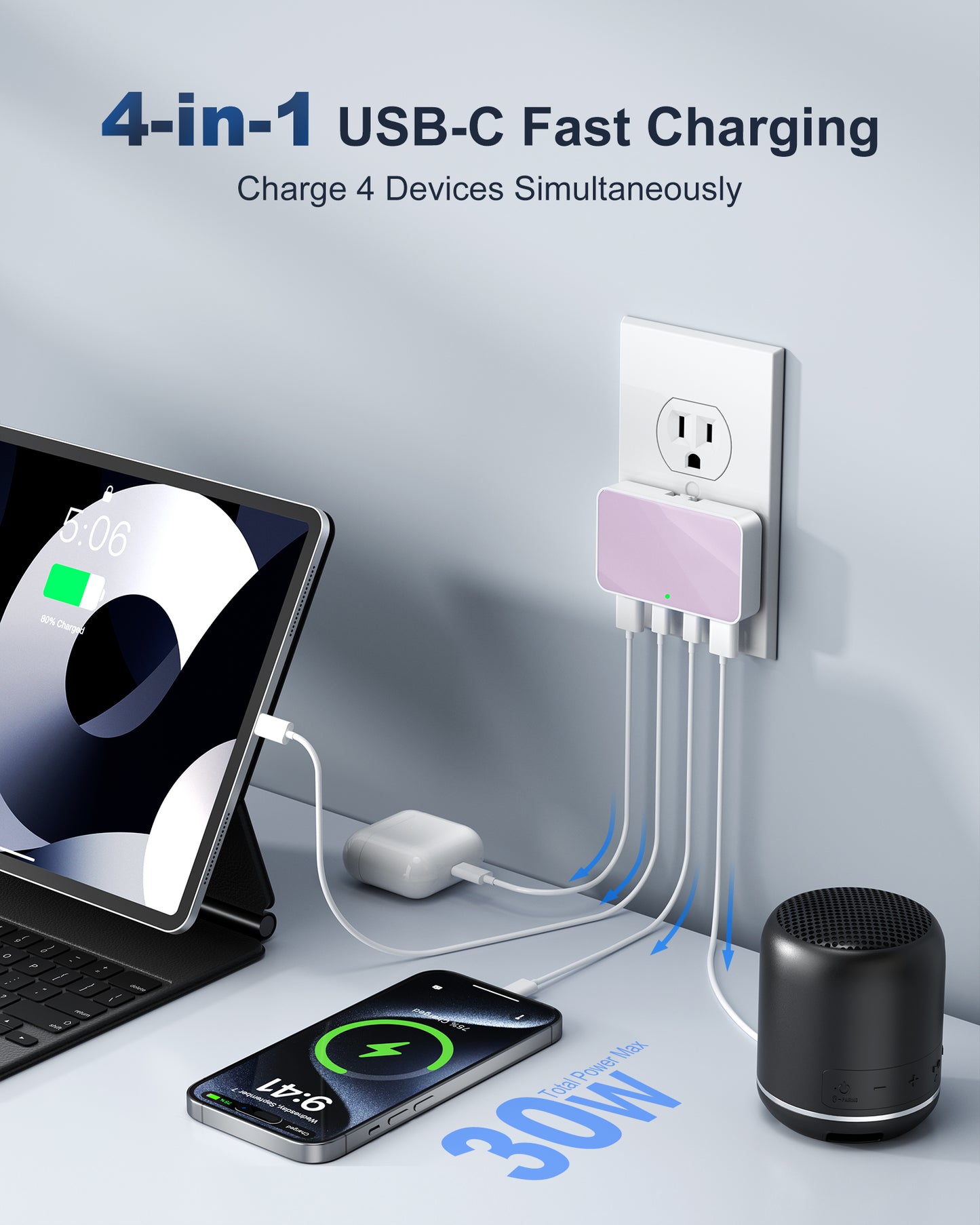 Flat USB Wall Charger, 4 USB-A Ports, Foldable Plug for Home & Travel