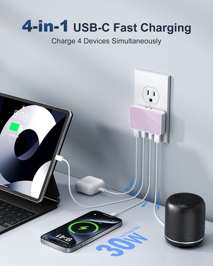 Flat USB Wall Charger, 4 USB-A Ports, Foldable Plug for Home & Travel
