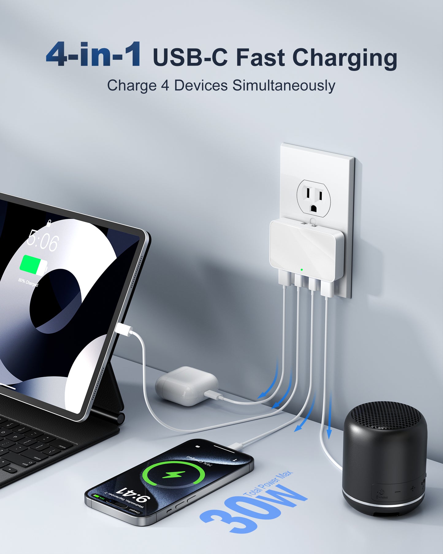 Flat USB Wall Charger, 4 USB-A Ports, Foldable Plug for Home & Travel