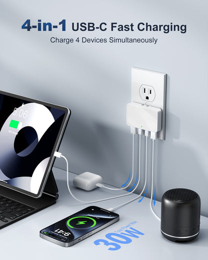 Flat USB Wall Charger, 4 USB-A Ports, Foldable Plug for Home & Travel