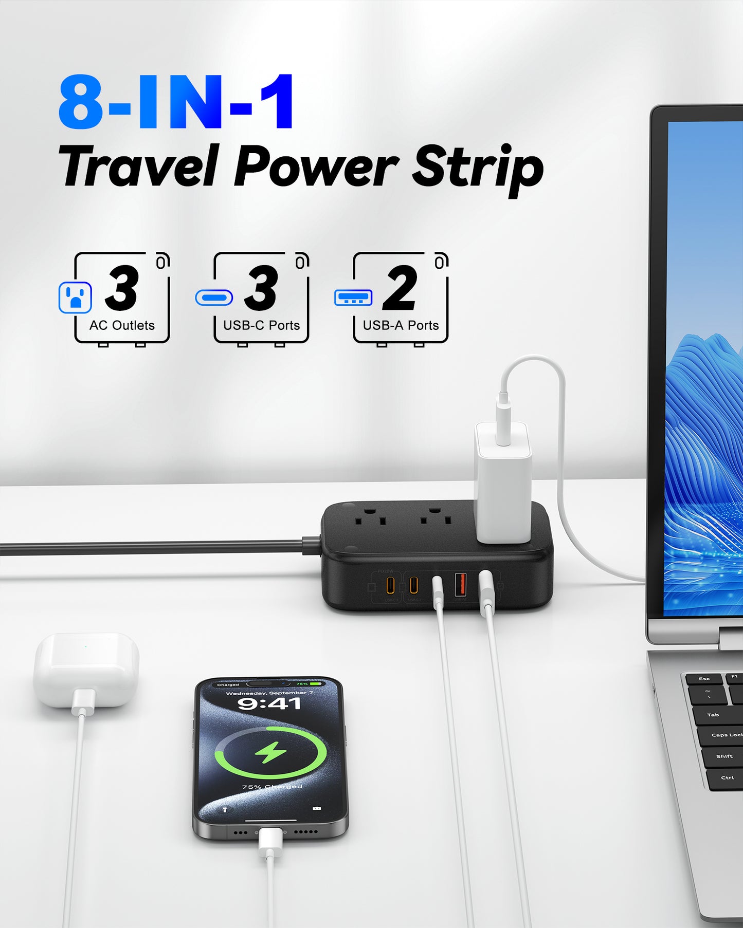 3 Outlet Power Strip with 3 USB-C and 6 USB-A Ports 1.5m Cable ABS Safety Design for Home