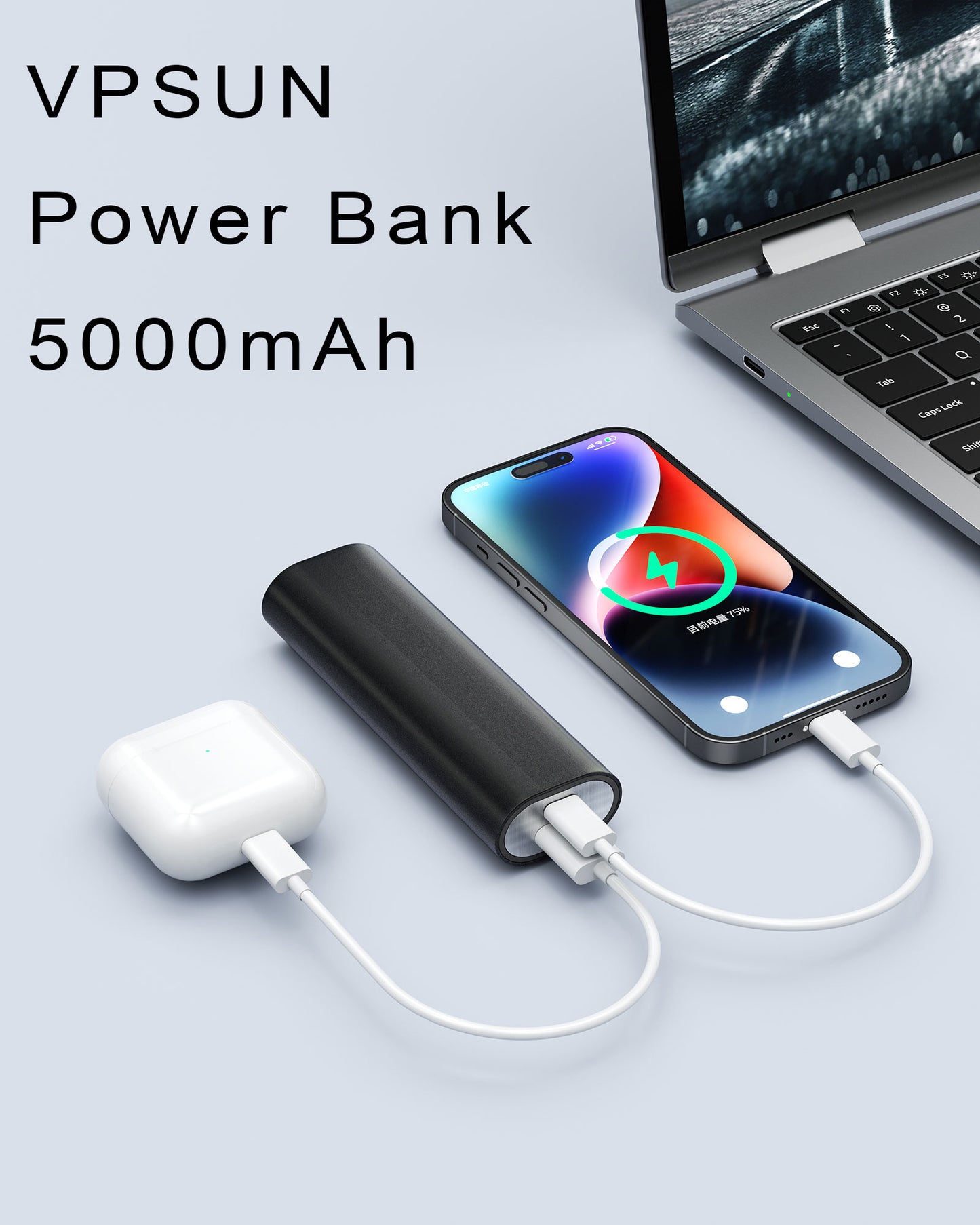 VPSUN Power Bank 5000mAh with Wireless Magnetic Charging Dock and USB Cable, Black (PX-2)
