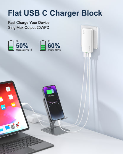 VPSUN Flat USB Wall Charger Block 30W - 3 Port PD20W Foldable USB Charging Charger