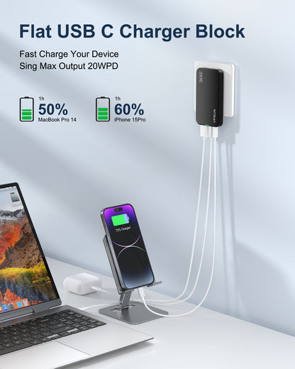 VPSUN Flat USB Wall Charger Block 30W - 3 Port PD20W Foldable USB Charging Charger