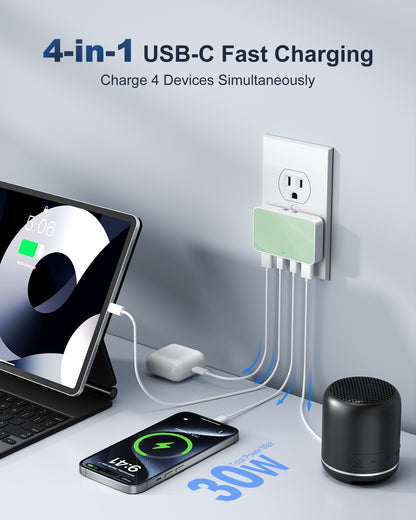 Flat USB Wall Charger, 4 USB-A Ports, Foldable Plug for Home & Travel