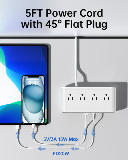 Power Strip with USB C 35W,10-in-1 Flat Plug Wall Charger - 5FT Extension Cord with 4AC, 3 USB A & 3 USB C - PD20W Charging Station for Multiple Devices - Travel Home Office