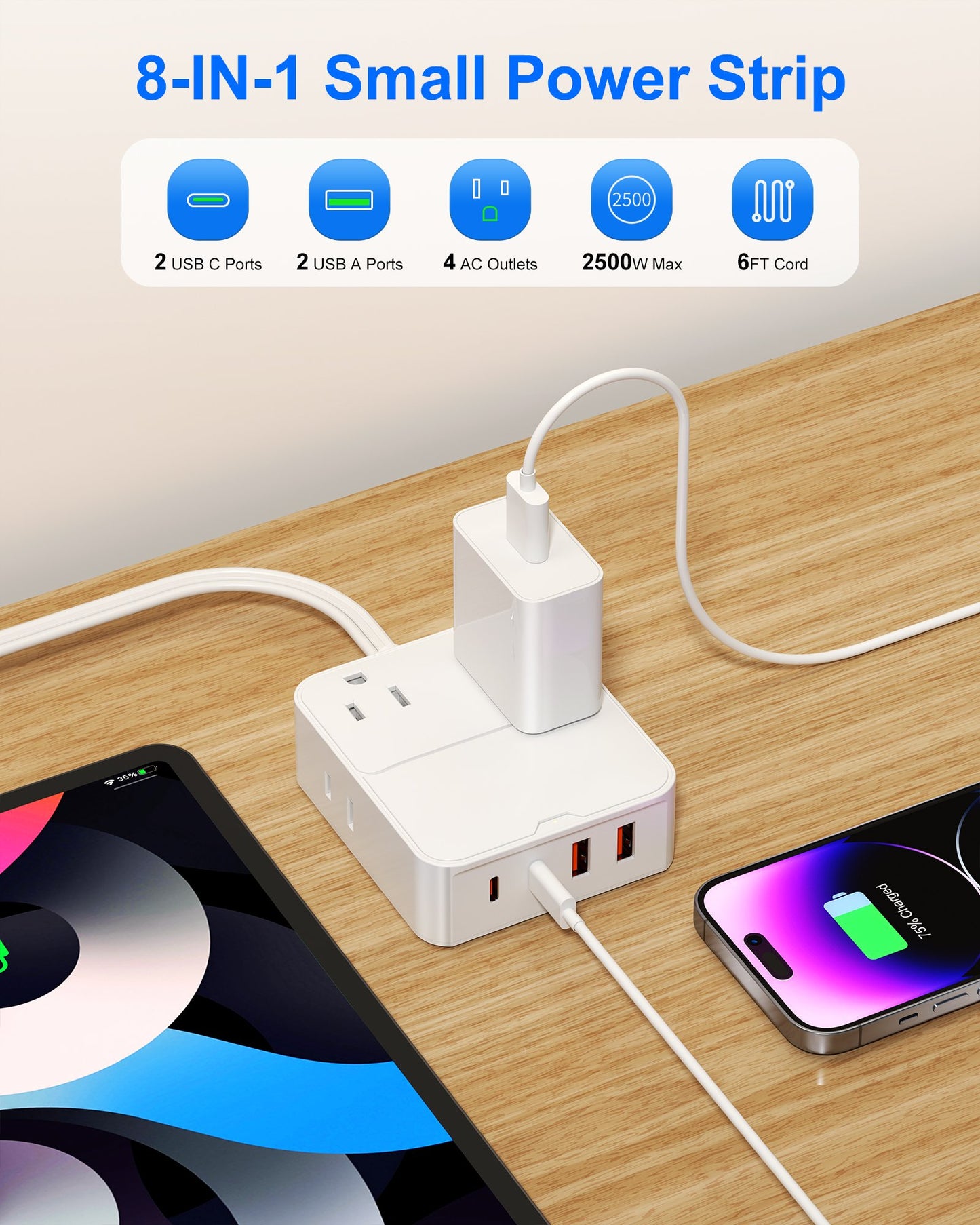 Flat Plug Power Strip with USB Ports-4 AC&4 USB Ports, Extension Cord