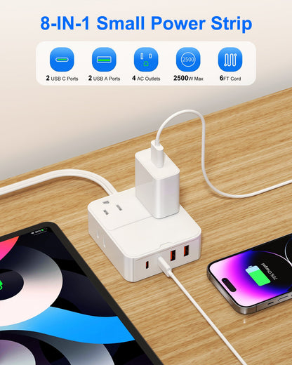 Flat Plug Power Strip with USB Ports-4 AC&4 USB Ports, Extension Cord