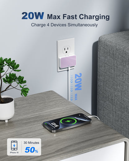 Flat USB Wall Charger, 4 USB-A Ports, Foldable Plug for Home & Travel