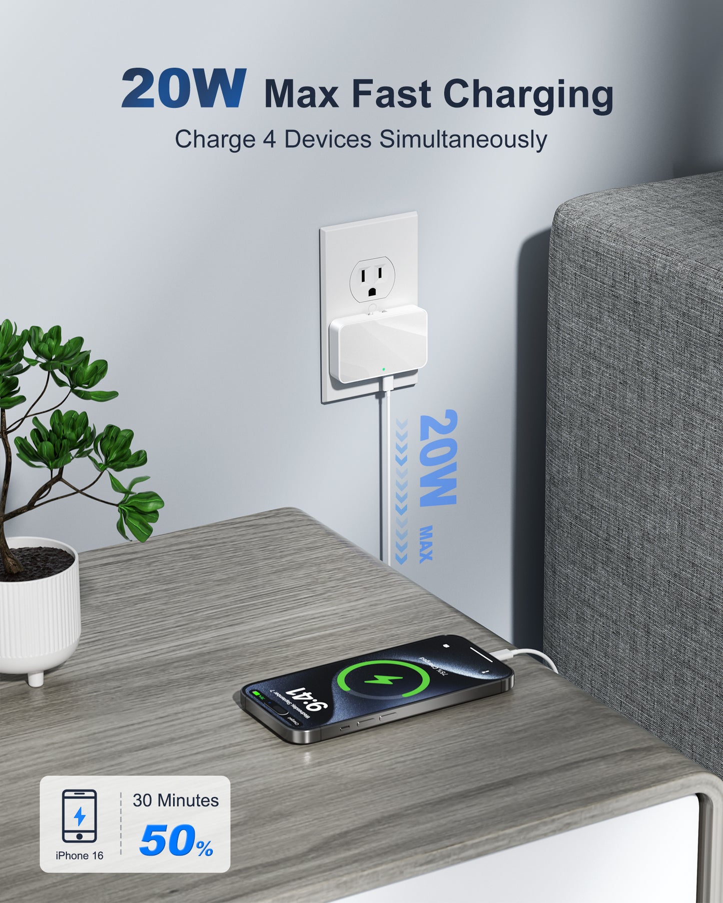 Flat USB Wall Charger, 4 USB-A Ports, Foldable Plug for Home & Travel