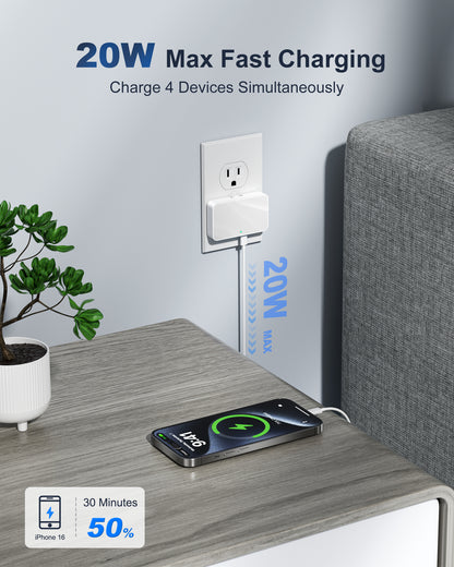 Flat USB Wall Charger, 4 USB-A Ports, Foldable Plug for Home & Travel