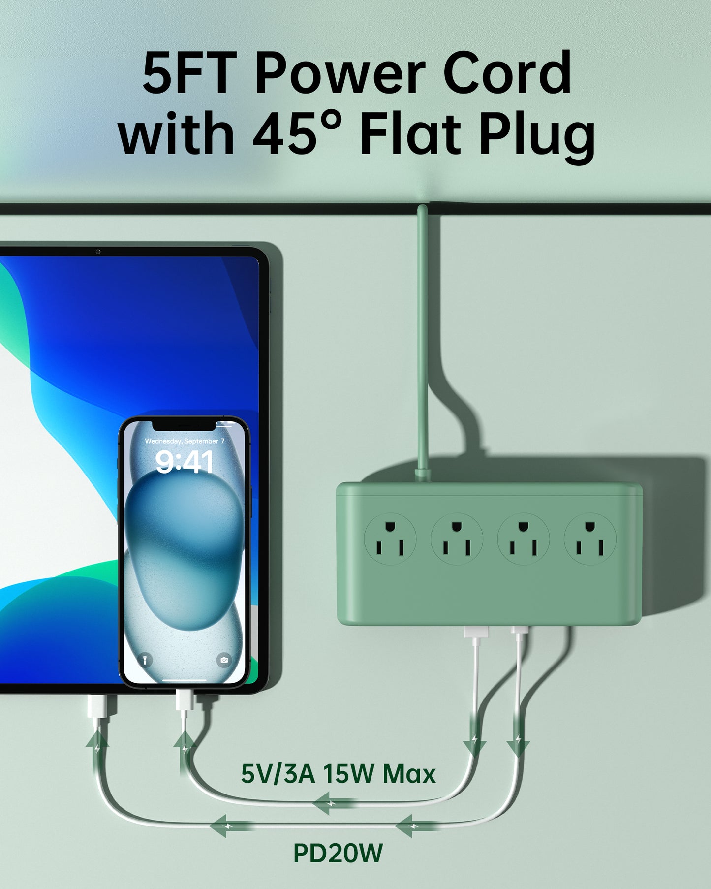 VPSUN Power Strip with USB C PD35W Charging 10-in-1 Flat Plug