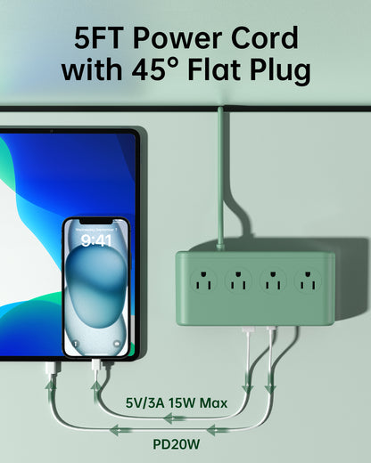 VPSUN Power Strip with USB C PD35W Charging 10-in-1 Flat Plug