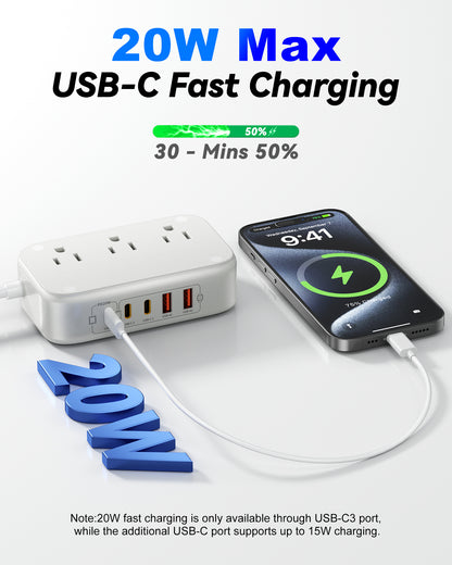 4 Outlet Power Strip with 3 USB-C and 6 USB-A Ports 1.5m Cable ABS Safety Design for Home