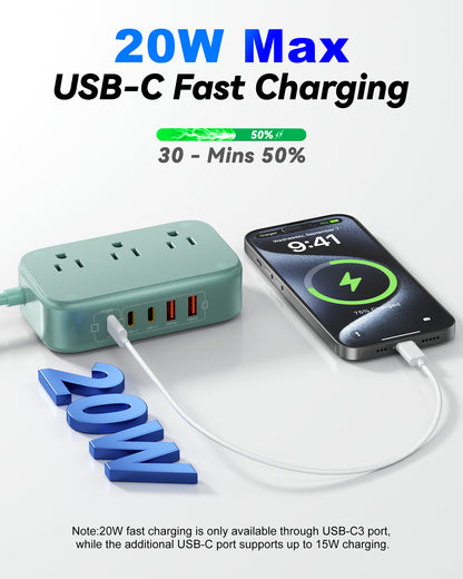 3 Outlet Power Strip with 3 USB-C and 6 USB-A Ports 1.5m Cable ABS Safety Design for Home