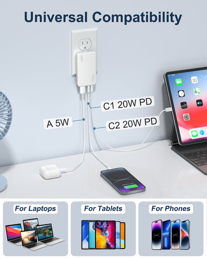 VPSUN Flat USB Wall Charger Block 30W - 3 Port PD20W Foldable USB Charging Charger