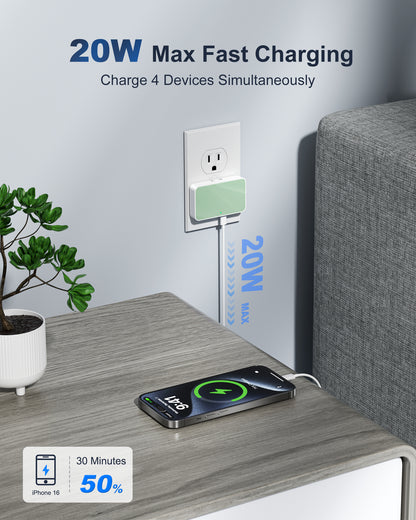 Flat USB Wall Charger, 4 USB-A Ports, Foldable Plug for Home & Travel