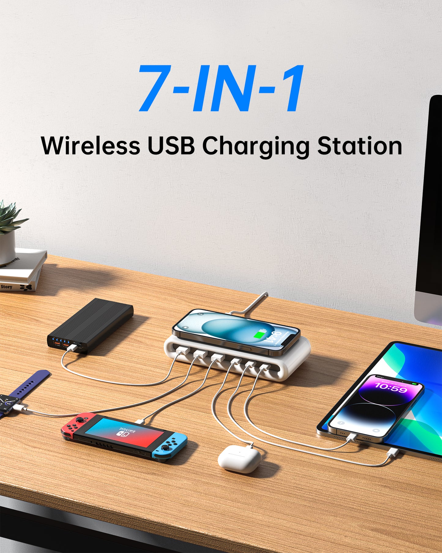VPSUN 7-in-1 Magnetic Wireless USB Charger Station with PD 45 Fast Charging