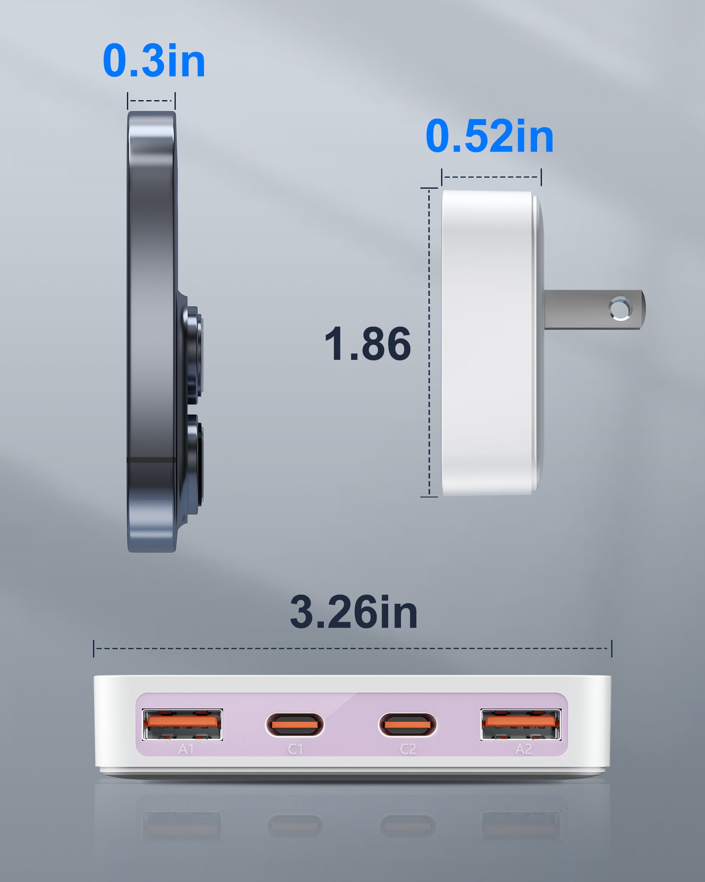 Flat USB Wall Charger, 4 USB-A Ports, Foldable Plug for Home & Travel