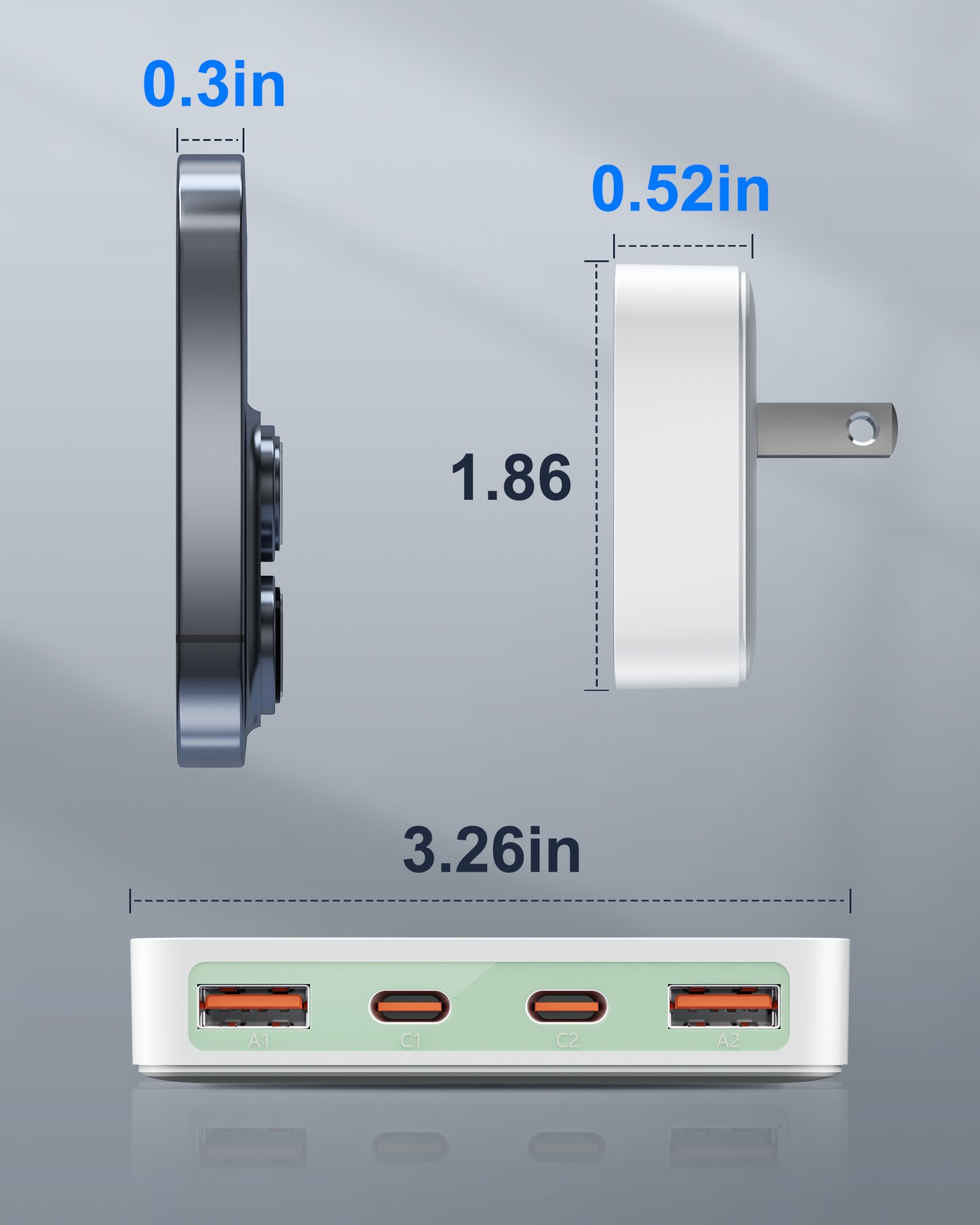 Flat USB Wall Charger, 4 USB-A Ports, Foldable Plug for Home & Travel