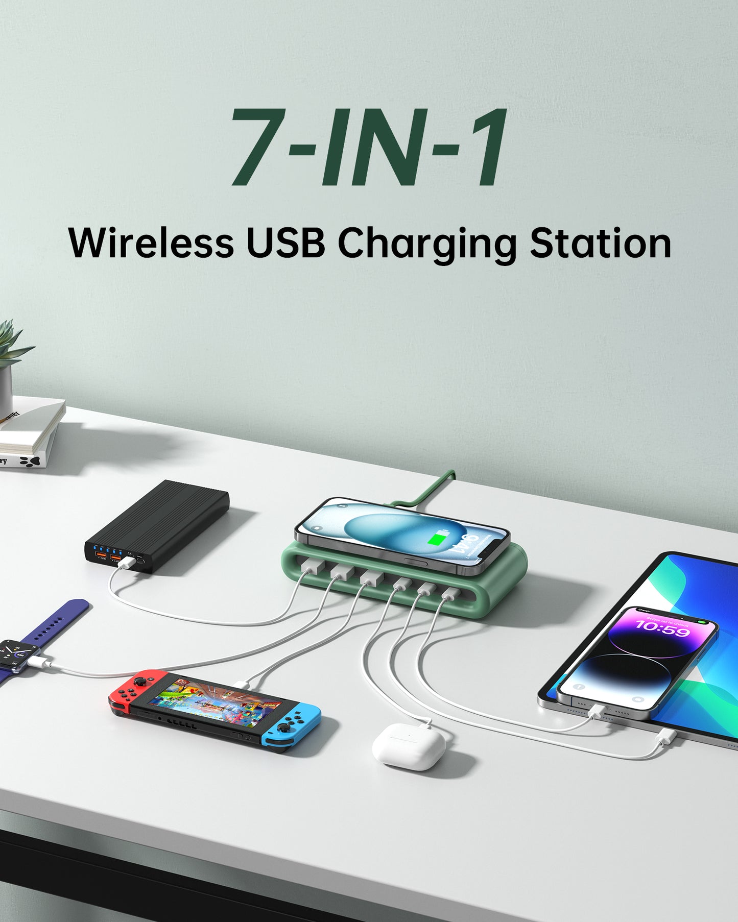 VPSUN 7-in-1 Magnetic Wireless USB Charger Station with PD 45 Fast Charging