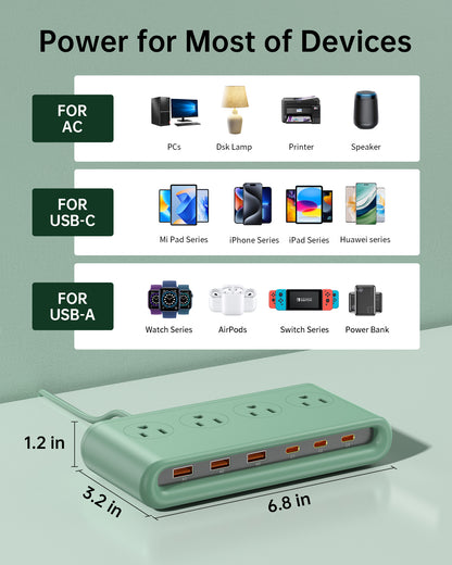 VPSUN Power Strip with USB C PD35W Charging 10-in-1 Flat Plug