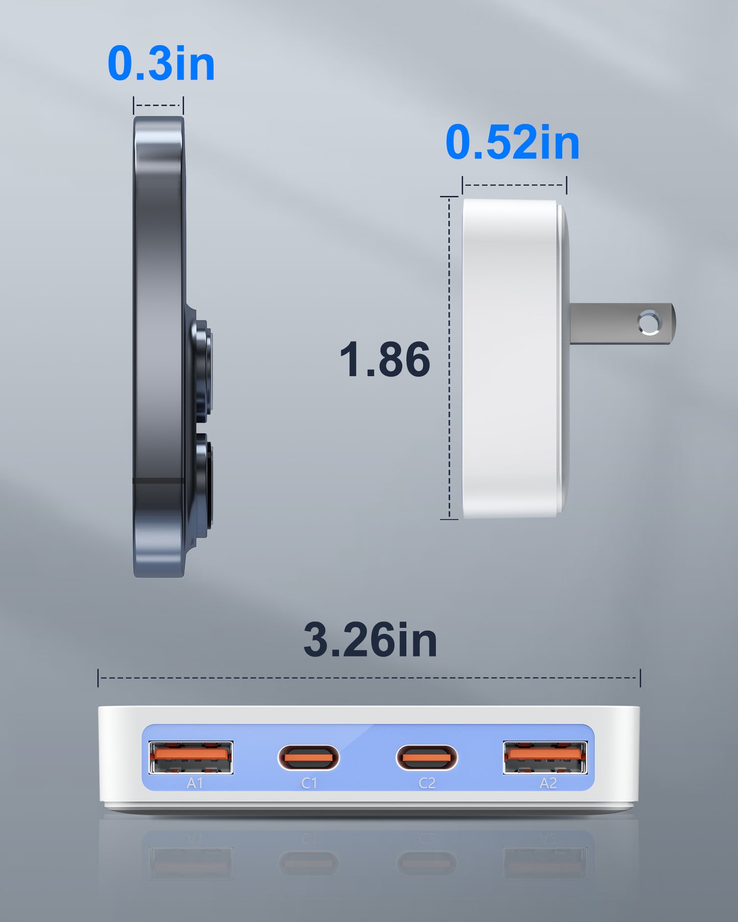 Flat USB Wall Charger, 4 USB-A Ports, Foldable Plug for Home & Travel