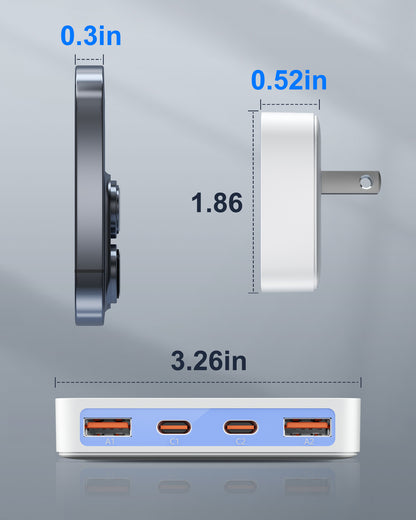 Flat USB Wall Charger, 4 USB-A Ports, Foldable Plug for Home & Travel