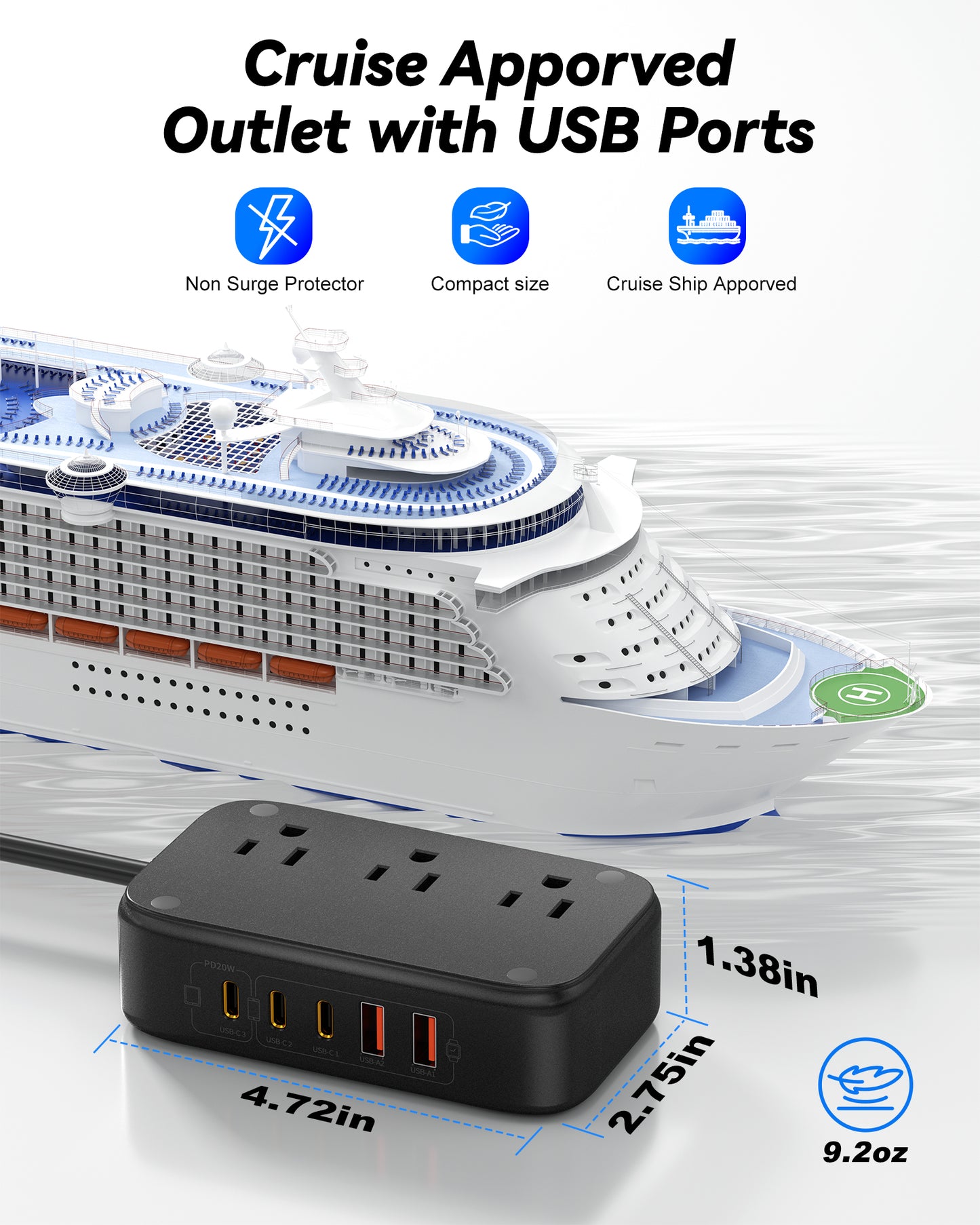 3 Outlet Power Strip with 3 USB-C and 6 USB-A Ports 1.5m Cable ABS Safety Design for Home